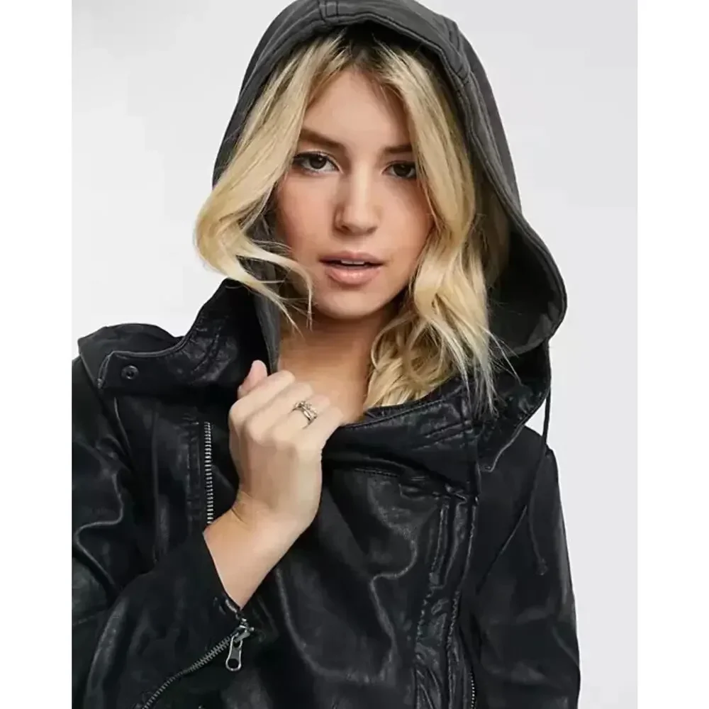 Free People Cleo Vegan Leather Moto Hooded Jacket‎ Black Size 8